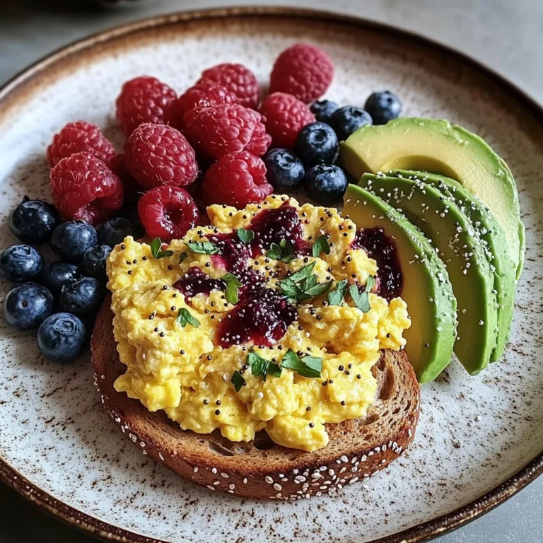 Colorful Breakfast Plate with Scrambled Eggs, Avocado, PB&J Toast & Fresh Berries