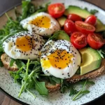 Poached Egg & Arugula Salad with Avocado, Tomato & Cream Cheese Toast